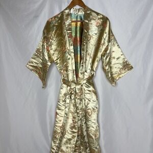 Jin Hon Oriental Gold Satin Jacquard Chinese Belted Long Robe Kimono Dragons